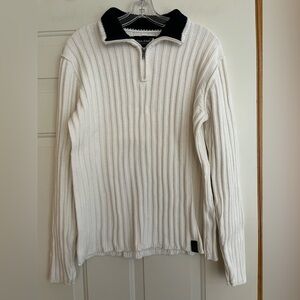 Men’s Nautica ivory and blue cable knit quarter zip cotton sweater. Size large